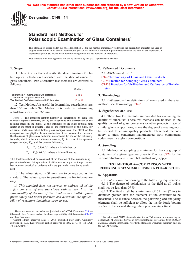 ASTM C148-14 - Standard Test Methods for  Polariscopic Examination of Glass Containers