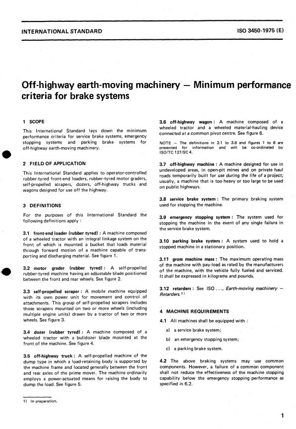 ISO 3450:1975 - Off-highway earth-moving machinery -- Minimum performance criteria for brake systems