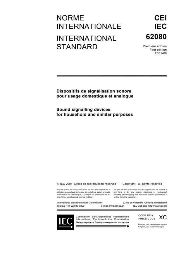 IEC 62080:2001 - Sound signalling devices for household and similar purposes