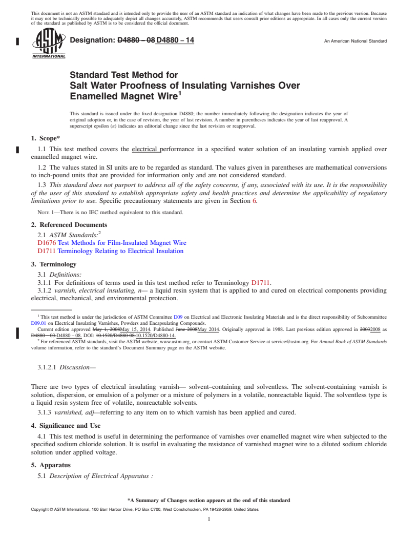 REDLINE ASTM D4880-14 - Standard Test Method for  Salt Water Proofness of Insulating Varnishes Over Enamelled  Magnet Wire