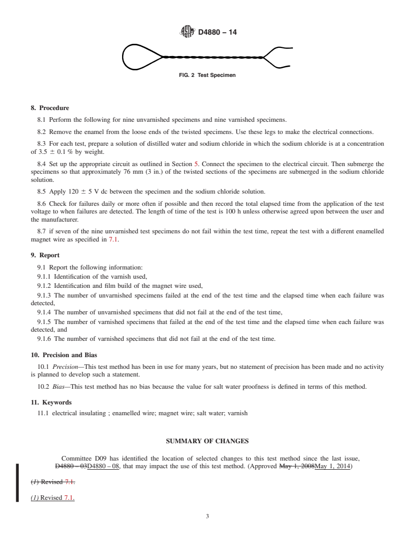 REDLINE ASTM D4880-14 - Standard Test Method for  Salt Water Proofness of Insulating Varnishes Over Enamelled  Magnet Wire