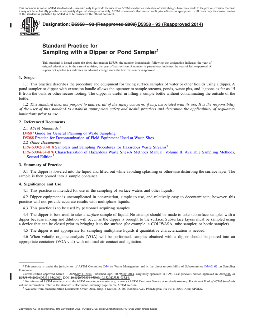 REDLINE ASTM D5358-93(2014) - Standard Practice for  Sampling with a Dipper or Pond Sampler