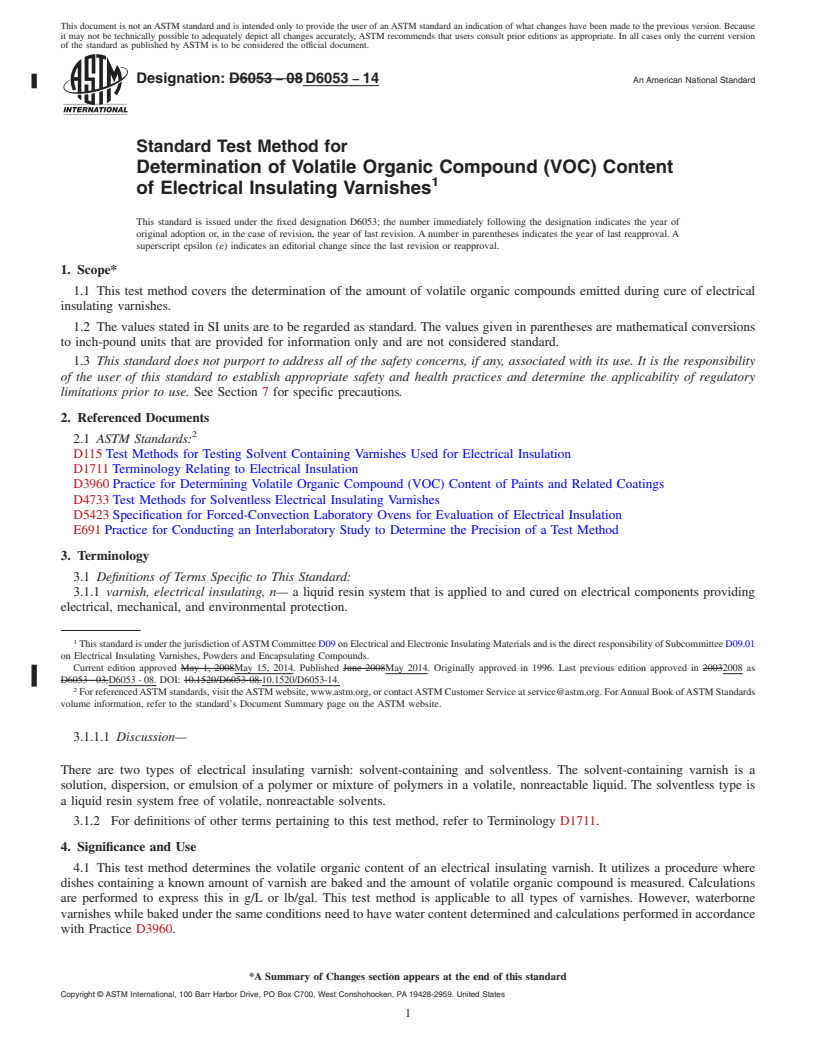 REDLINE ASTM D6053-14 - Standard Test Method for  Determination of Volatile Organic Compound &#40;VOC&#41; Content of   Electrical Insulating Varnishes