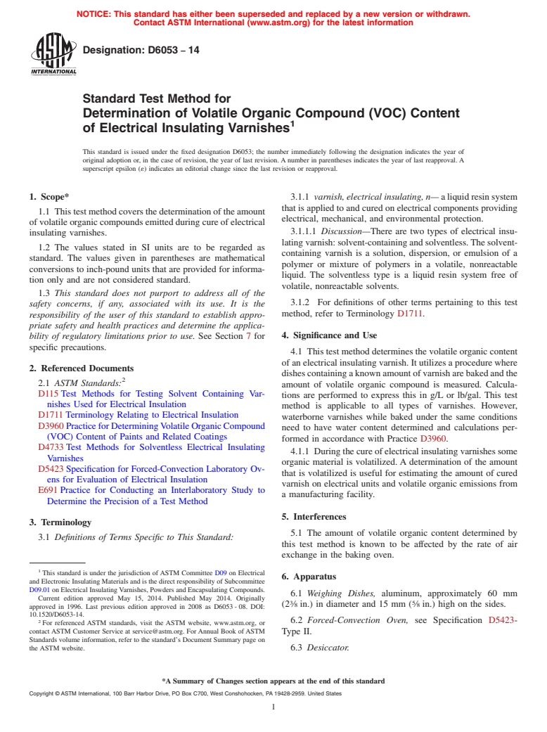 ASTM D6053-14 - Standard Test Method for  Determination of Volatile Organic Compound &#40;VOC&#41; Content of   Electrical Insulating Varnishes