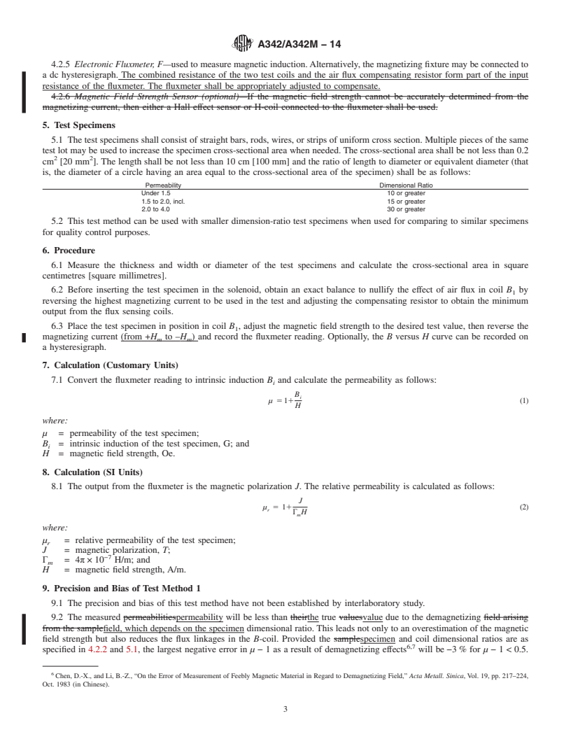 REDLINE ASTM A342/A342M-14 - Standard Test Methods for Permeability of Weakly Magnetic Materials