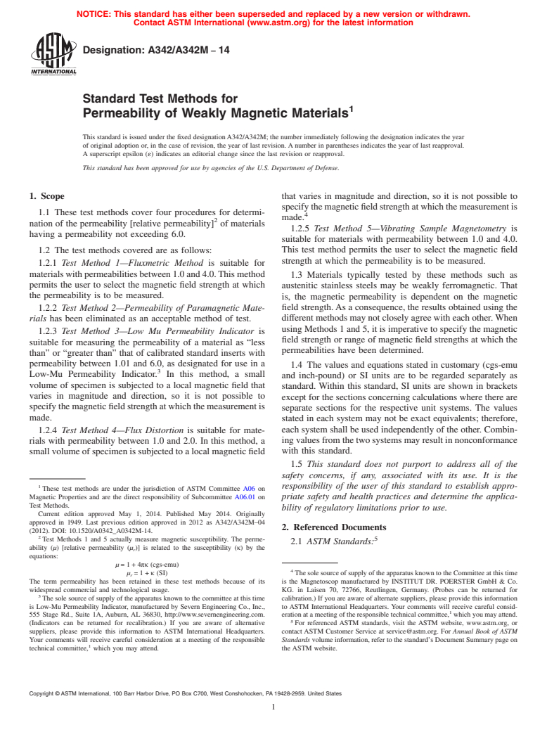 ASTM A342/A342M-14 - Standard Test Methods for Permeability of Weakly Magnetic Materials