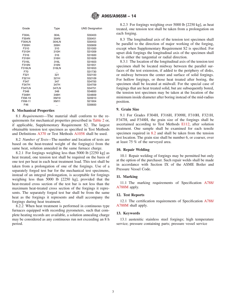 ASTM A965/A965M-14 - Standard Specification for Steel Forgings, Austenitic, for Pressure and High Temperature  Parts