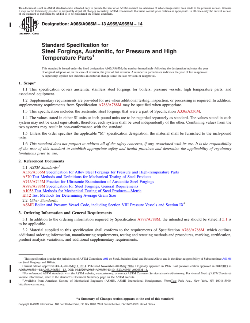 REDLINE ASTM A965/A965M-14 - Standard Specification for Steel Forgings, Austenitic, for Pressure and High Temperature  Parts