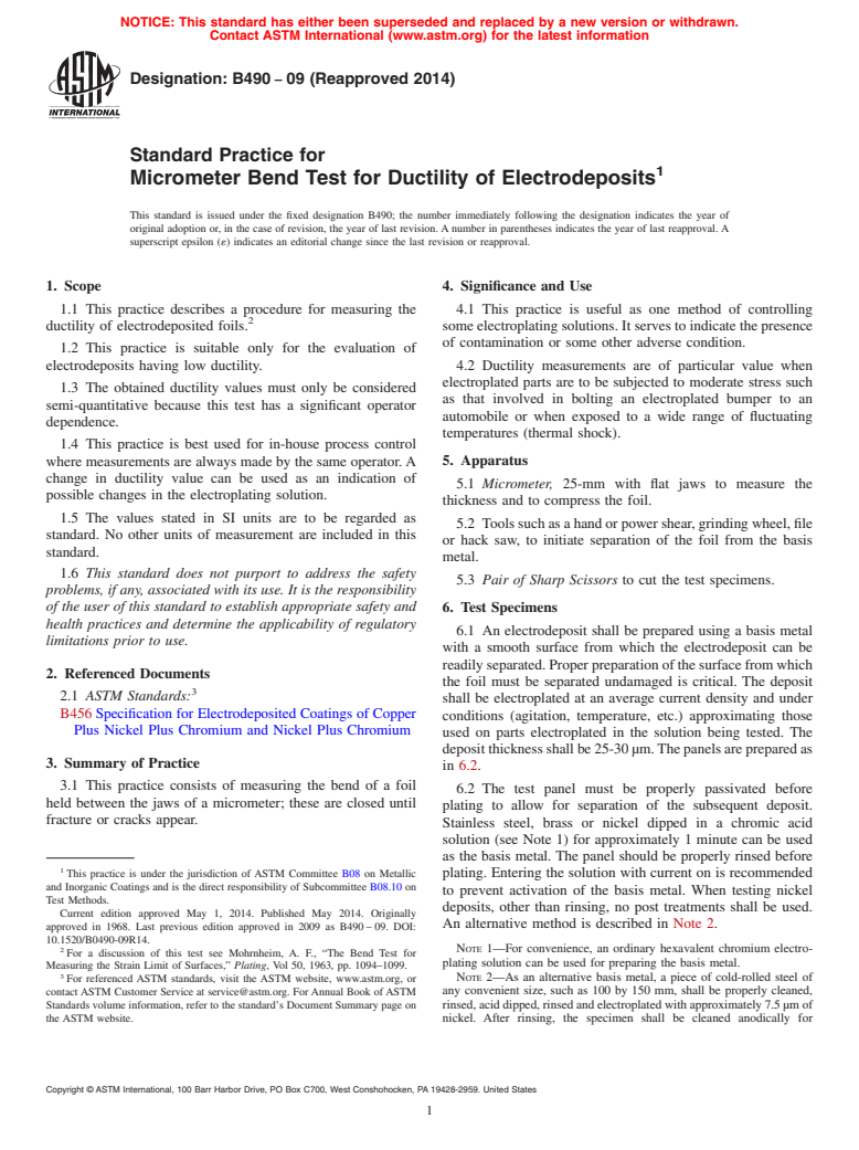 ASTM B490-09(2014) - Standard Practice for  Micrometer Bend Test for Ductility of Electrodeposits