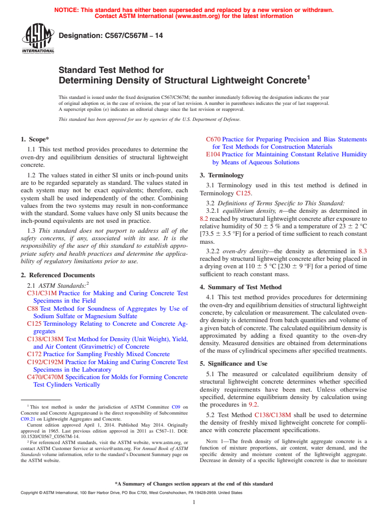 ASTM C567/C567M-14 - Standard Test Method for  Determining Density of Structural Lightweight Concrete