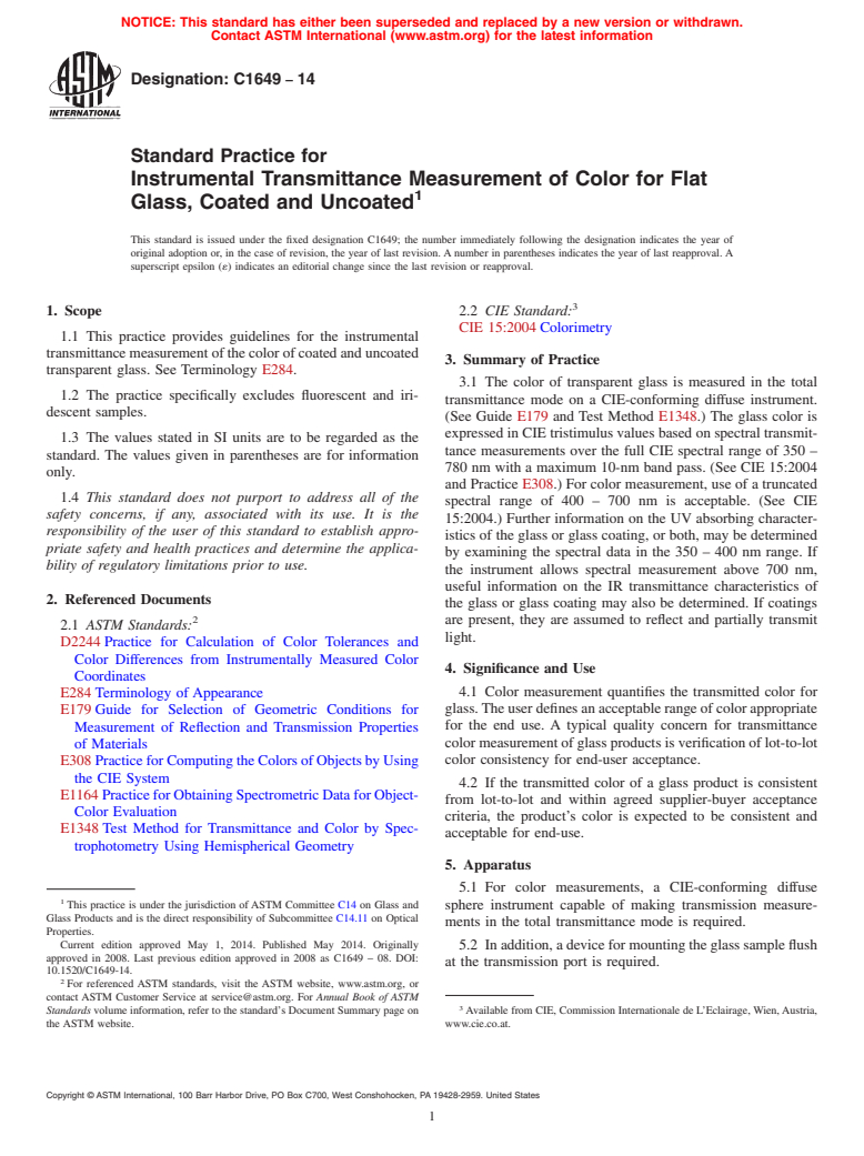 ASTM C1649-14 - Standard Practice for  Instrumental Transmittance Measurement of Color for Flat Glass,   Coated and Uncoated