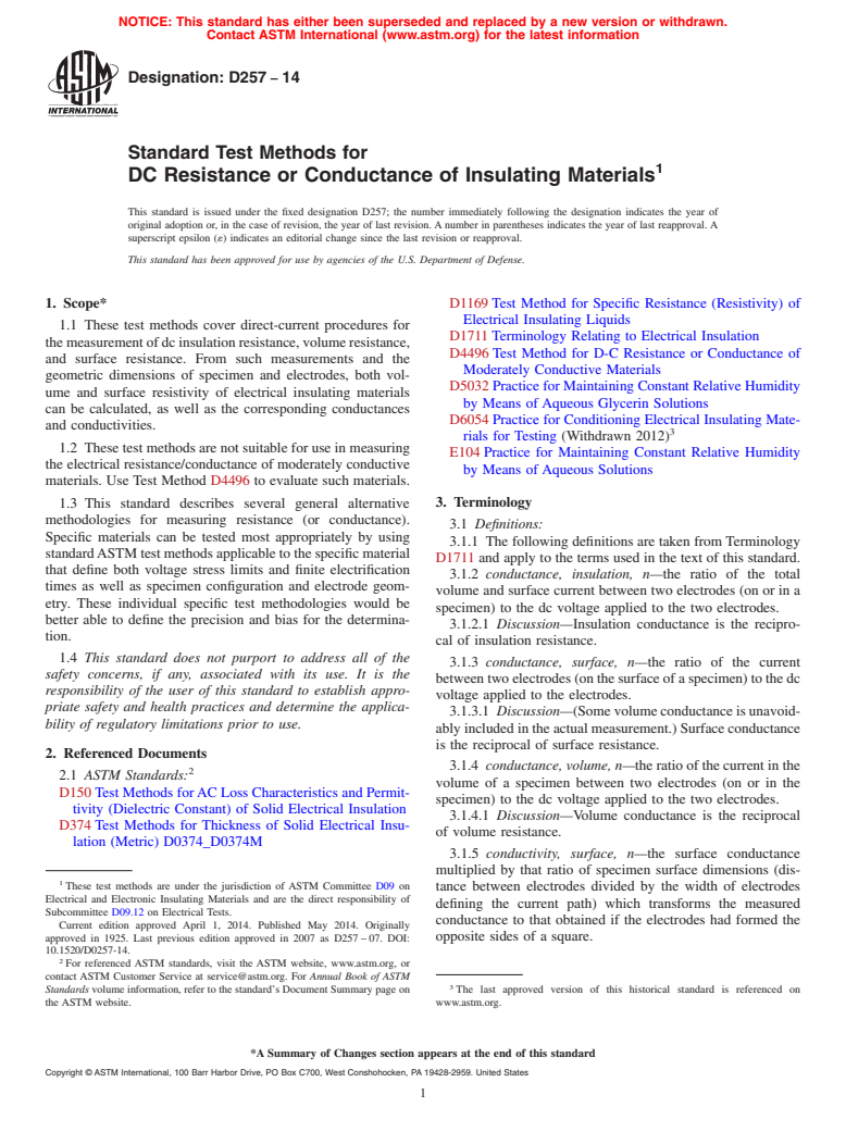 ASTM D257-14 - Standard Test Methods for  DC Resistance or Conductance of Insulating Materials