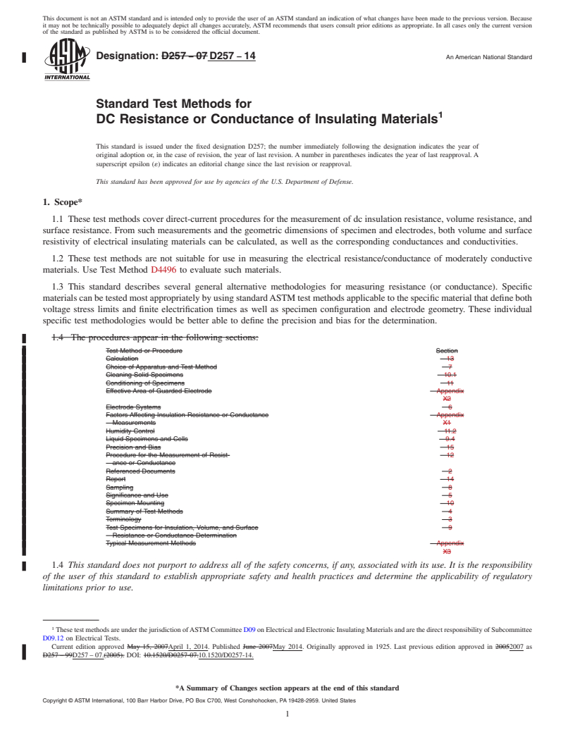 REDLINE ASTM D257-14 - Standard Test Methods for  DC Resistance or Conductance of Insulating Materials