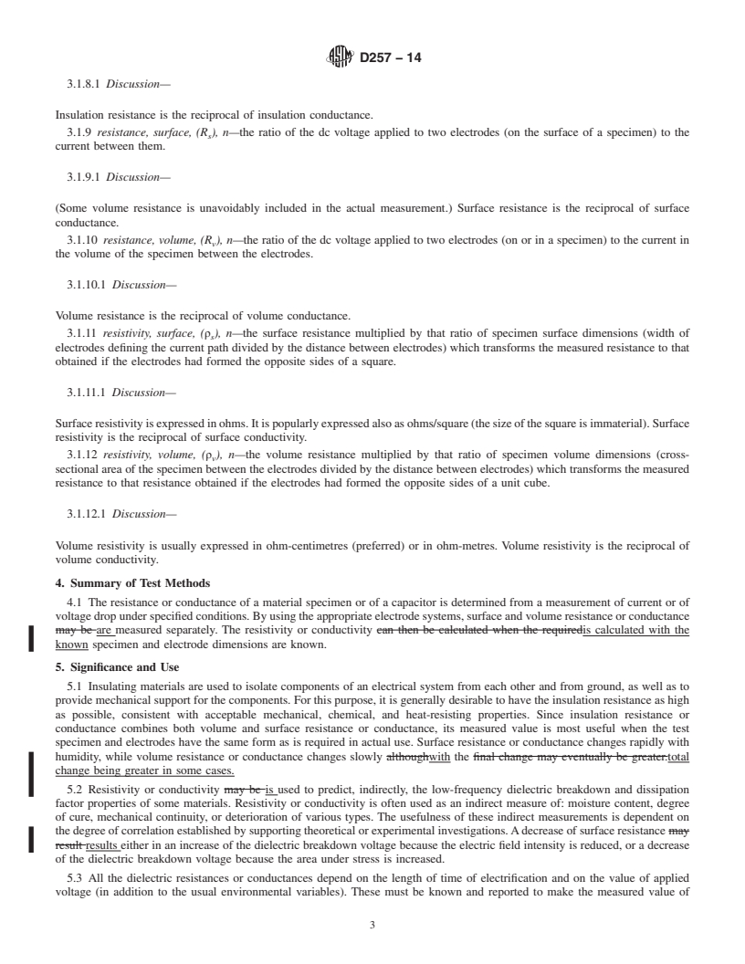 REDLINE ASTM D257-14 - Standard Test Methods for  DC Resistance or Conductance of Insulating Materials