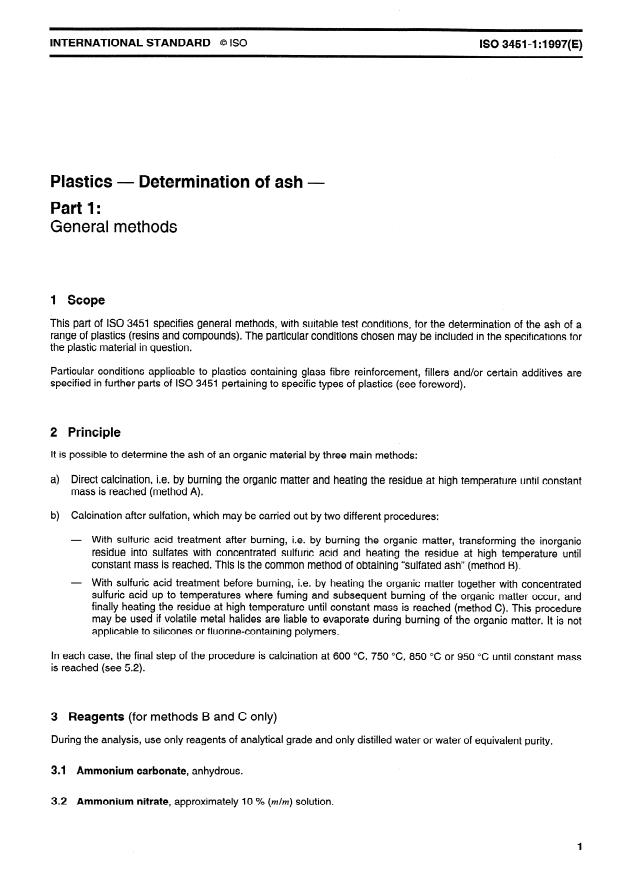 ISO 3451-1:1997 - Plastics -- Determination of ash