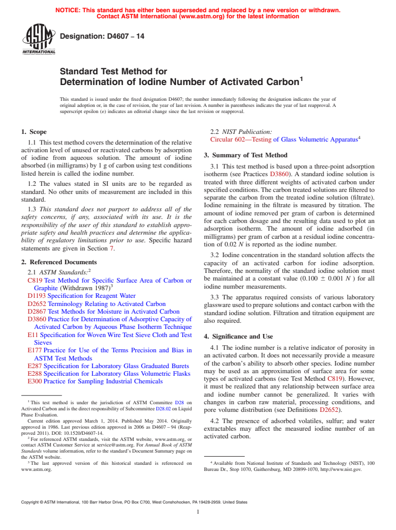 ASTM D4607-14 - Standard Test Method for  Determination of Iodine Number of Activated Carbon