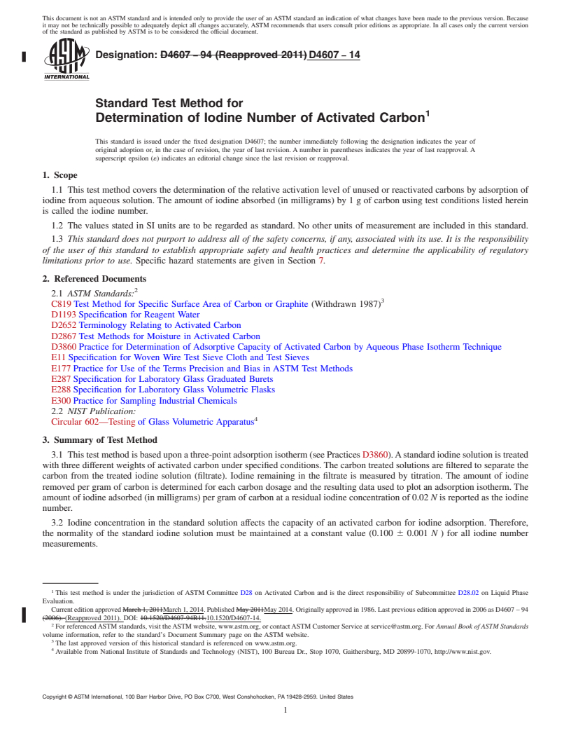 REDLINE ASTM D4607-14 - Standard Test Method for  Determination of Iodine Number of Activated Carbon