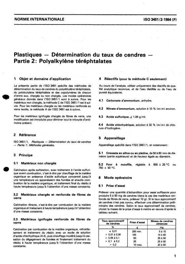 ISO 3451-2:1984 - Plastiques -- Détermination du taux de cendres