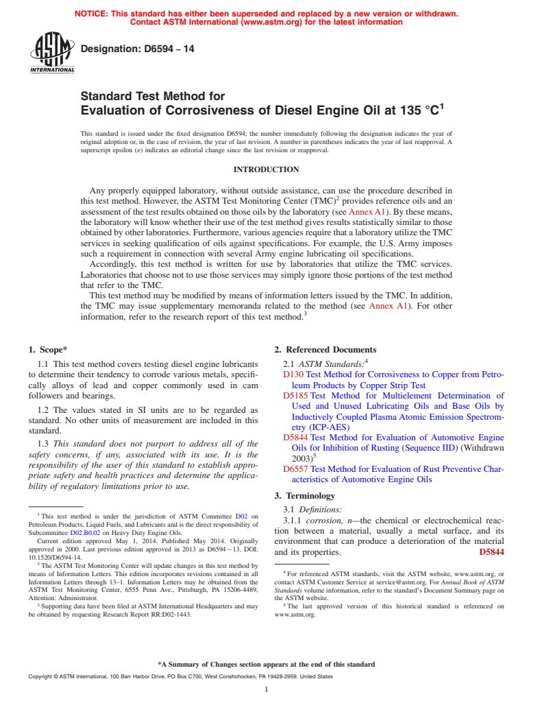 ASTM D6594-14 - Standard Test Method for  Evaluation of Corrosiveness of Diesel Engine Oil at 135&deg;C