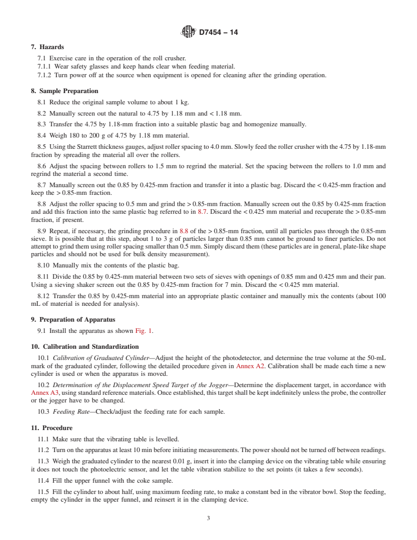 REDLINE ASTM D7454-14 - Standard Test Method for  Determination of Vibrated Bulk Density of Calcined Petroleum  Coke using    a Semi-Automated Apparatus