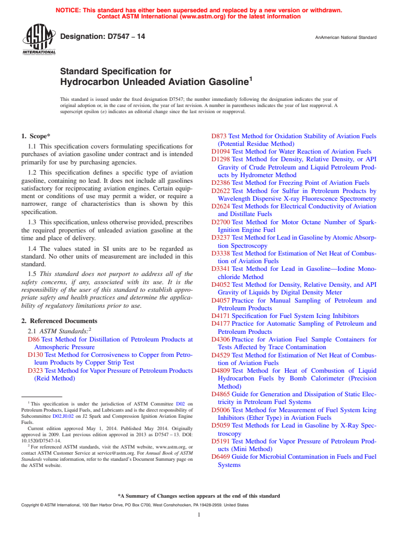ASTM D7547-14 - Standard Specification for Hydrocarbon Unleaded Aviation Gasoline