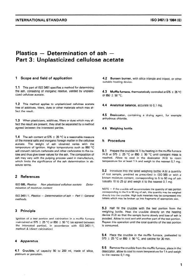 ISO 3451-3:1984 - Plastics -- Determination of ash