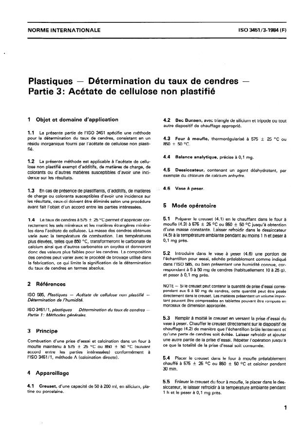 ISO 3451-3:1984 - Plastiques -- Détermination du taux de cendres