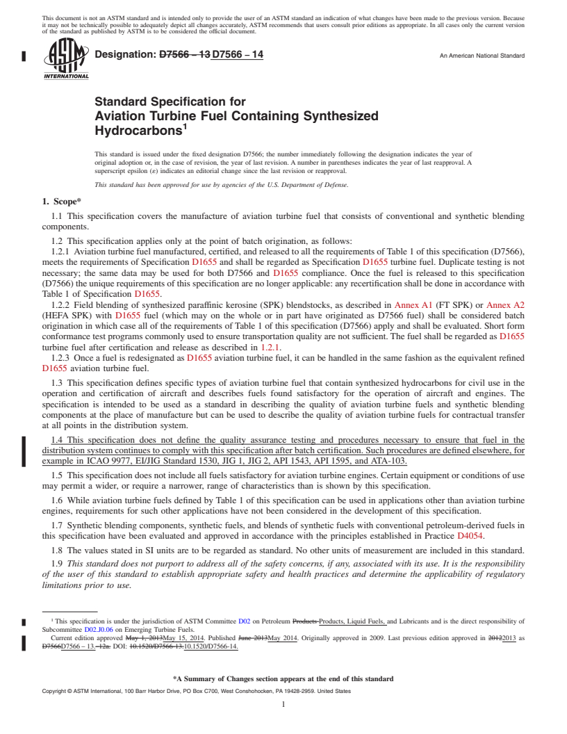 REDLINE ASTM D7566-14 - Standard Specification for Aviation Turbine Fuel Containing Synthesized Hydrocarbons