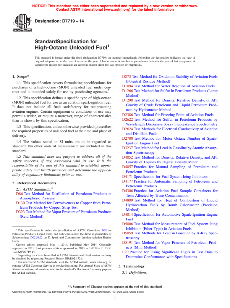 ASTM D7719-14 - Standard Specification for  High-Octane Unleaded Fuel