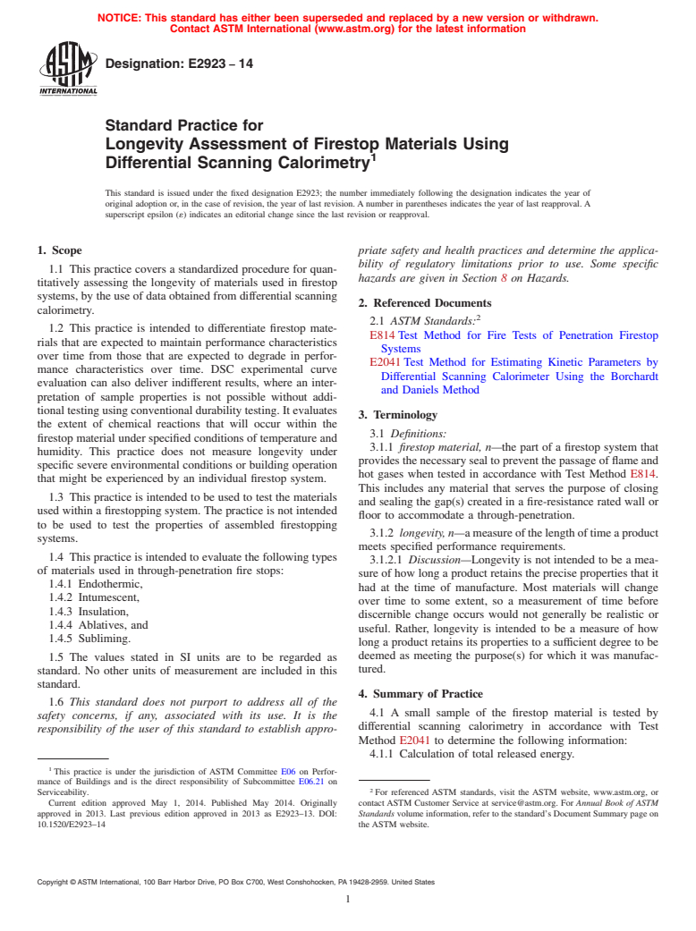 ASTM E2923-14 - Standard Practice for Longevity Assessment of Firestop Materials Using Differential  Scanning Calorimetry