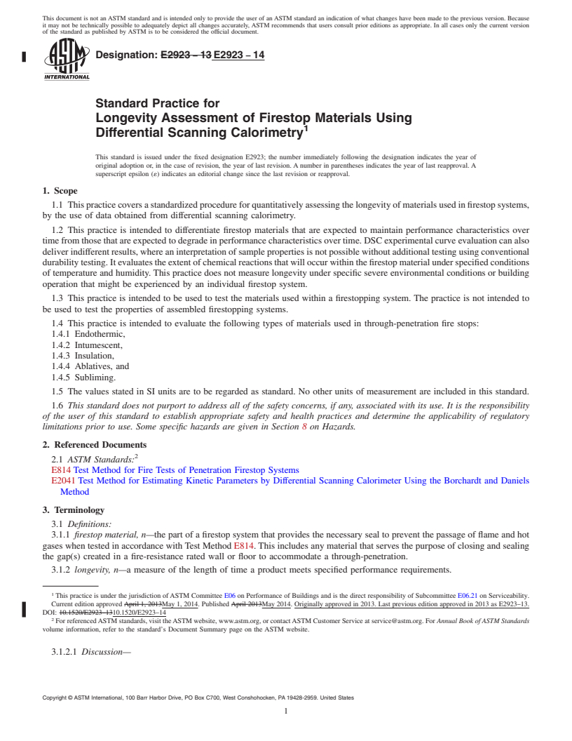 REDLINE ASTM E2923-14 - Standard Practice for Longevity Assessment of Firestop Materials Using Differential  Scanning Calorimetry