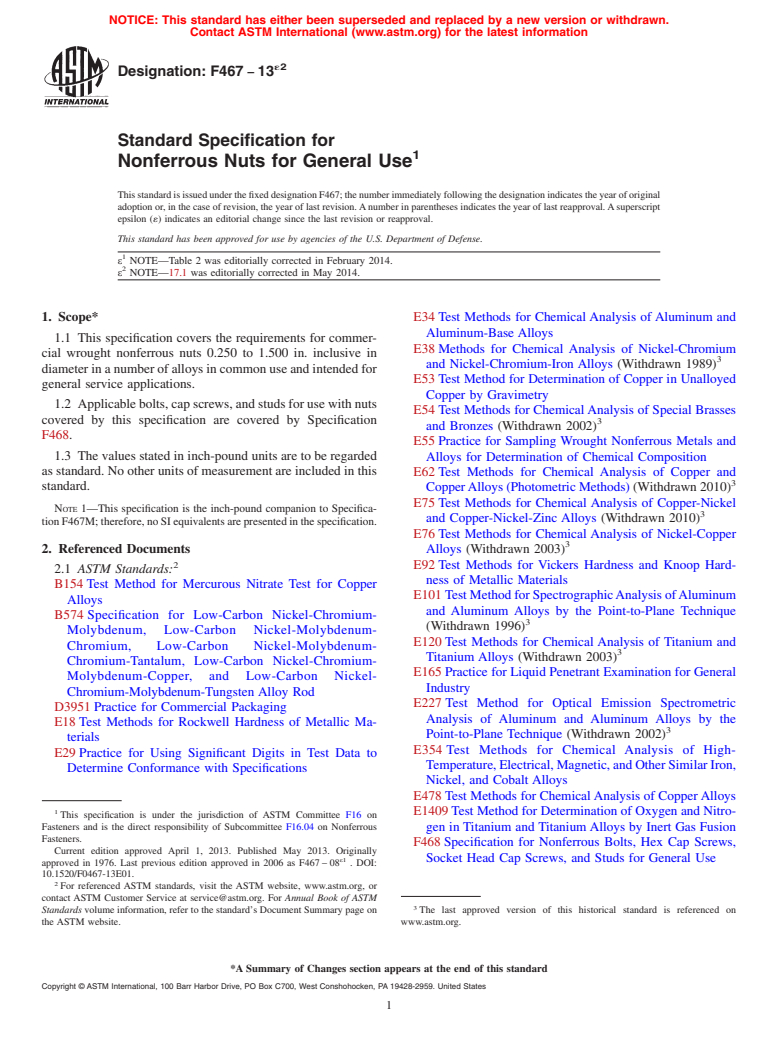 ASTM F467-13e2 - Standard Specification for  Nonferrous Nuts for General Use