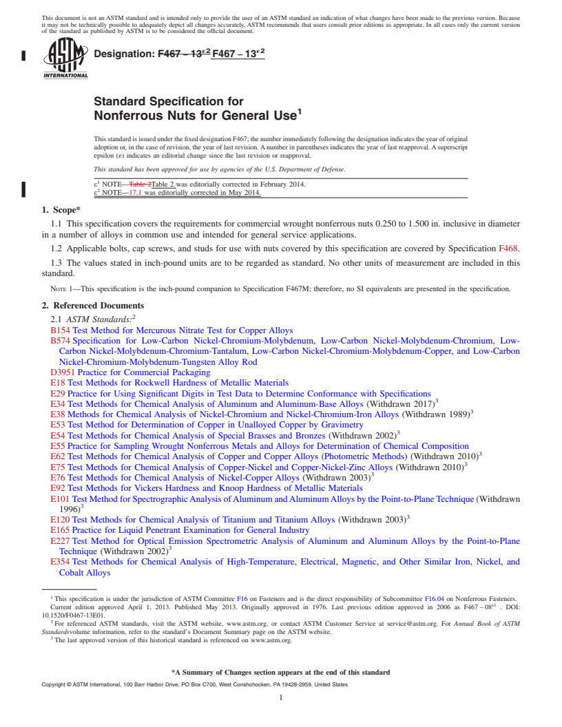 REDLINE ASTM F467-13e2 - Standard Specification for  Nonferrous Nuts for General Use