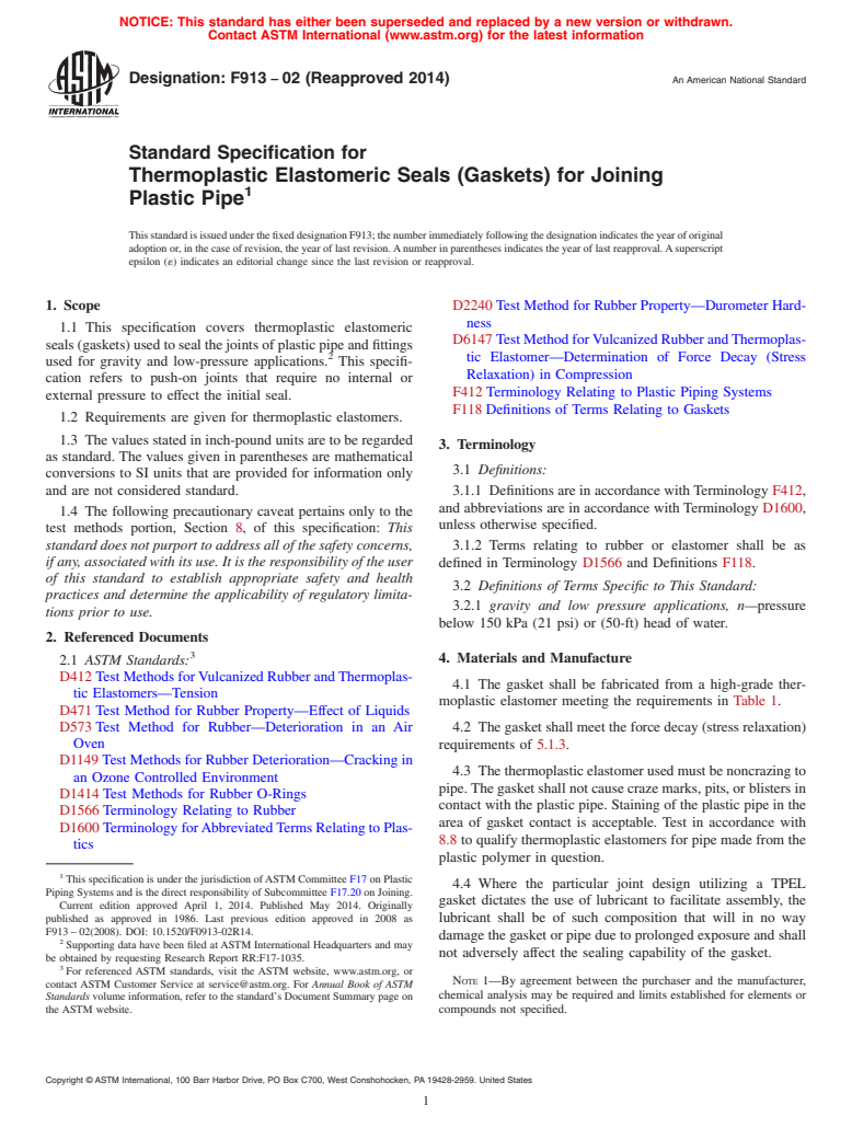 ASTM F913-02(2014) - Standard Specification for Thermoplastic Elastomeric Seals &#40;Gaskets&#41; for Joining<brk/> Plastic   Pipe