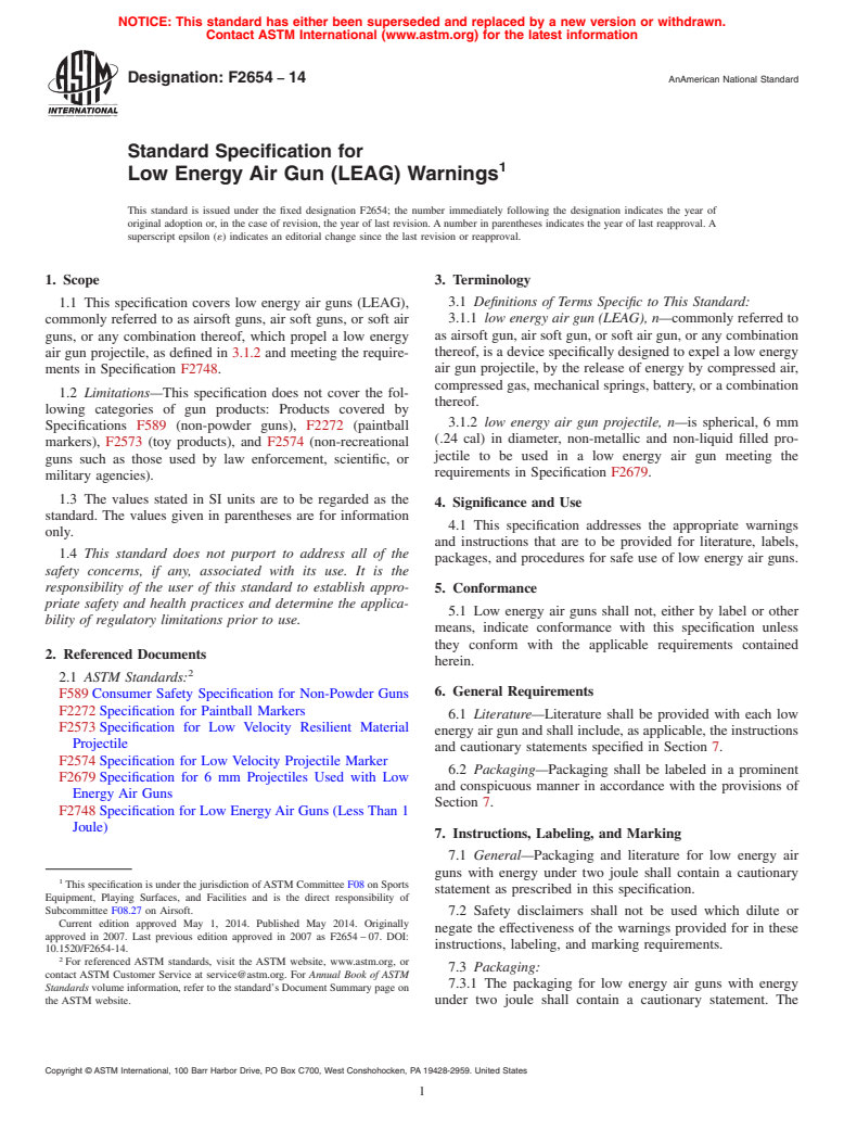 ASTM F2654-14 - Standard Specification for  Low Energy Air Gun &#40;LEAG&#41; Warnings