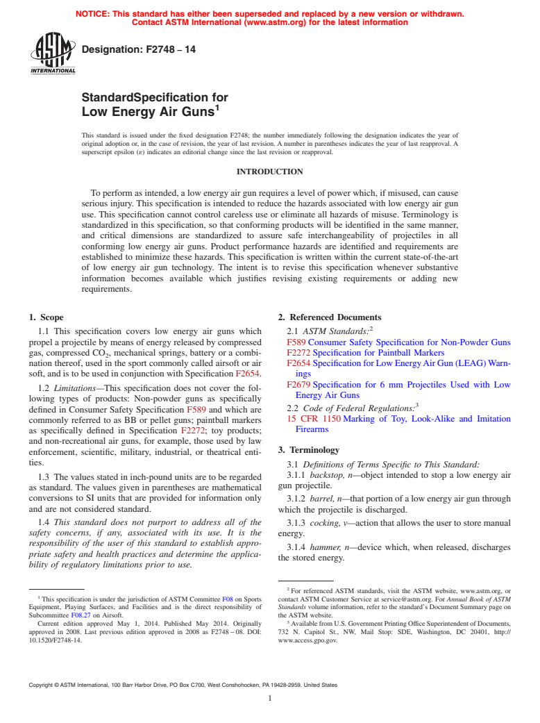 ASTM F2748-14 - Standard Specification for  Low Energy Air Guns