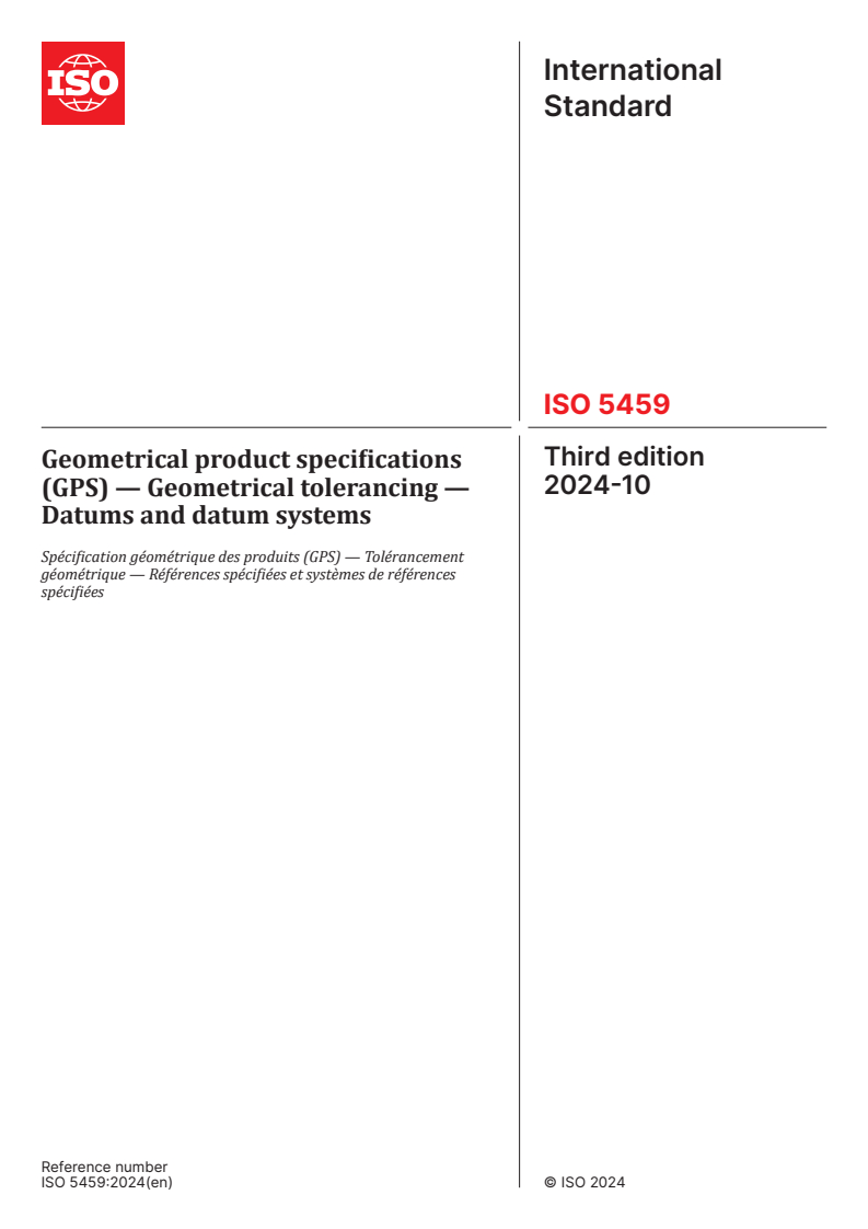 ISO 5459:2024 - Geometrical product specifications (GPS) — Geometrical tolerancing — Datums and datum systems
Released:4. 10. 2024