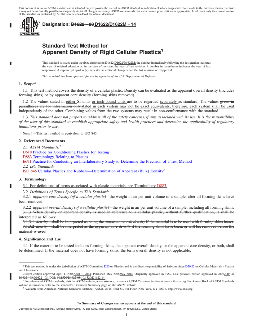 REDLINE ASTM D1622/D1622M-14 - Standard Test Method for Apparent Density of Rigid Cellular Plastics