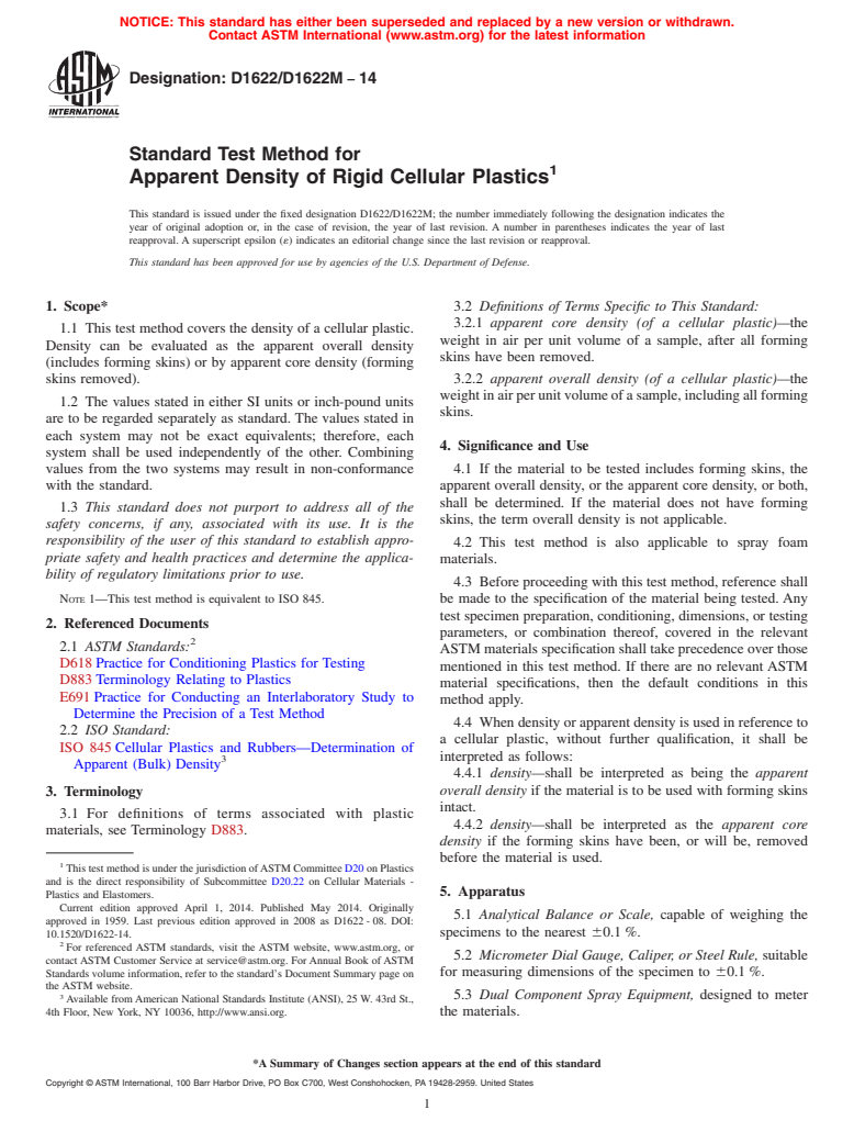 ASTM D1622/D1622M-14 - Standard Test Method for Apparent Density of Rigid Cellular Plastics