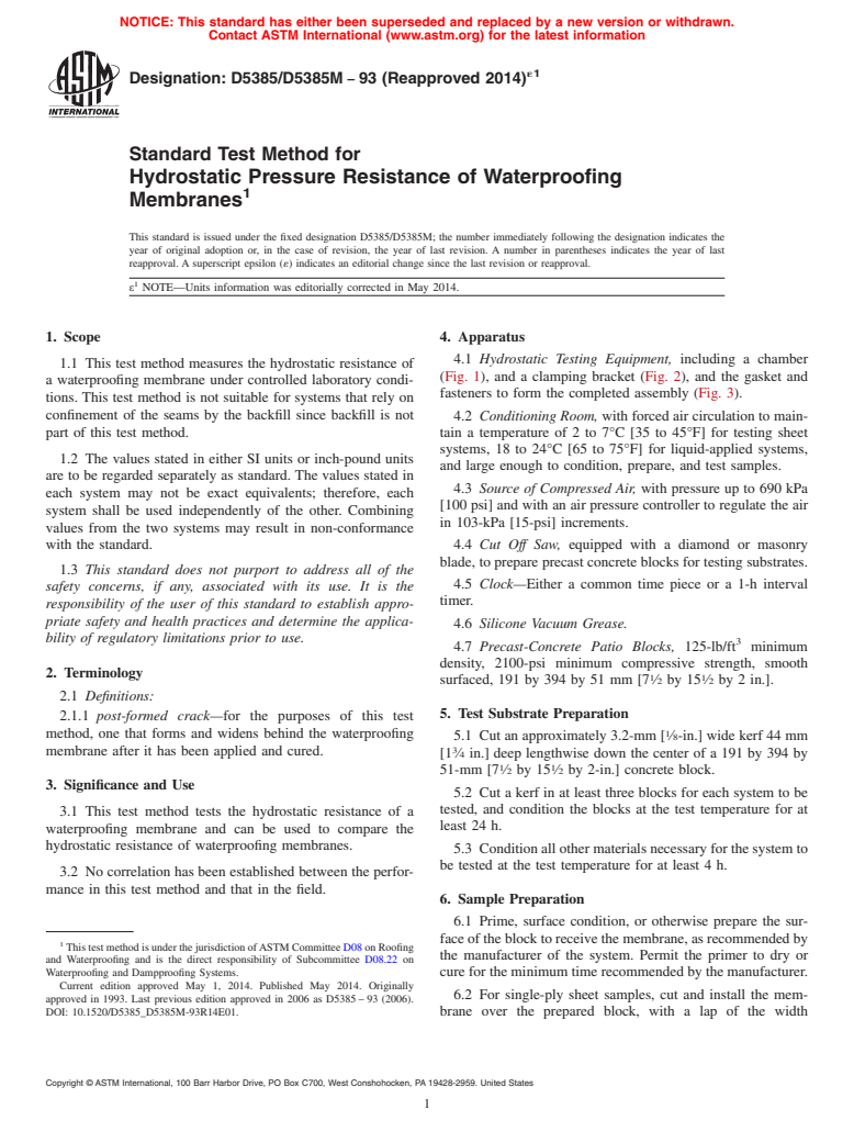 ASTM D5385/D5385M-93(2014)e1 - Standard Test Method for Hydrostatic Pressure Resistance of Waterproofing Membranes