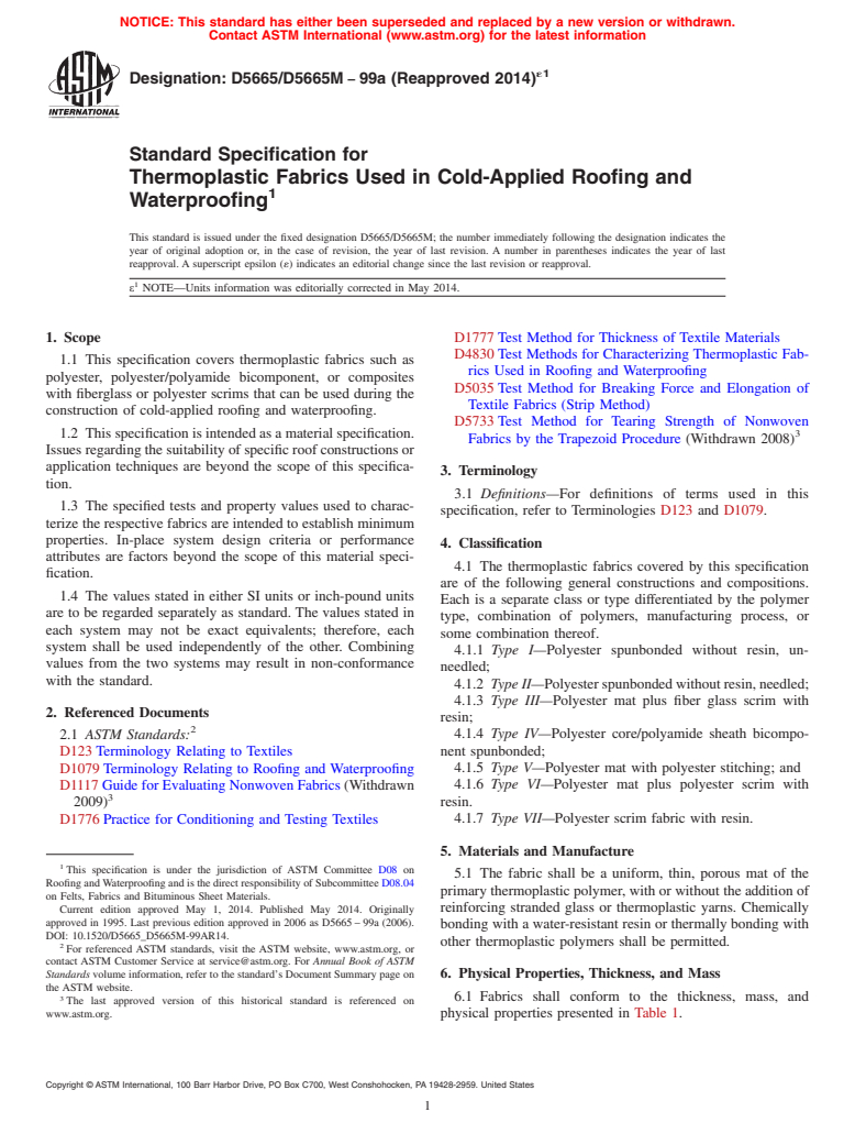 ASTM D5665/D5665M-99a(2014)e1 - Standard Specification for Thermoplastic Fabrics Used in Cold-Applied Roofing and Waterproofing