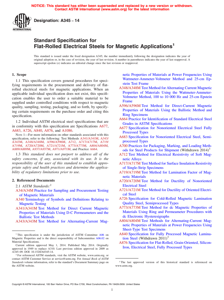 ASTM A345-14 - Standard Specification for  Flat-Rolled Electrical Steels for Magnetic Applications