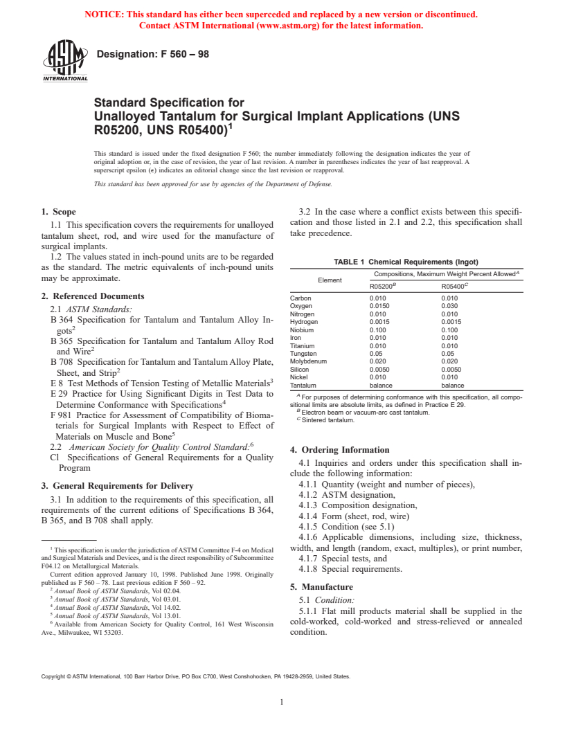 ASTM F560-98 - Standard Specification for Unalloyed Tantalum for Surgical Implant Applications (UNS R05200, UNS R05400)