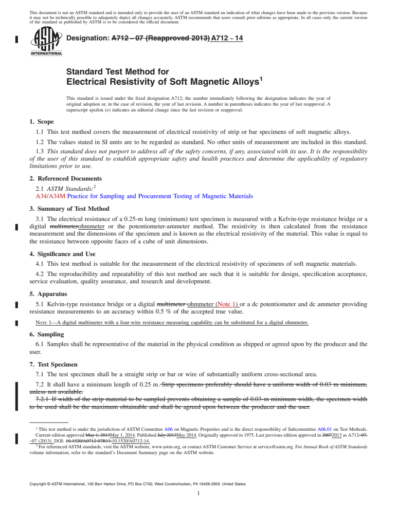 REDLINE ASTM A712-14 - Standard Test Method for Electrical Resistivity of Soft Magnetic Alloys