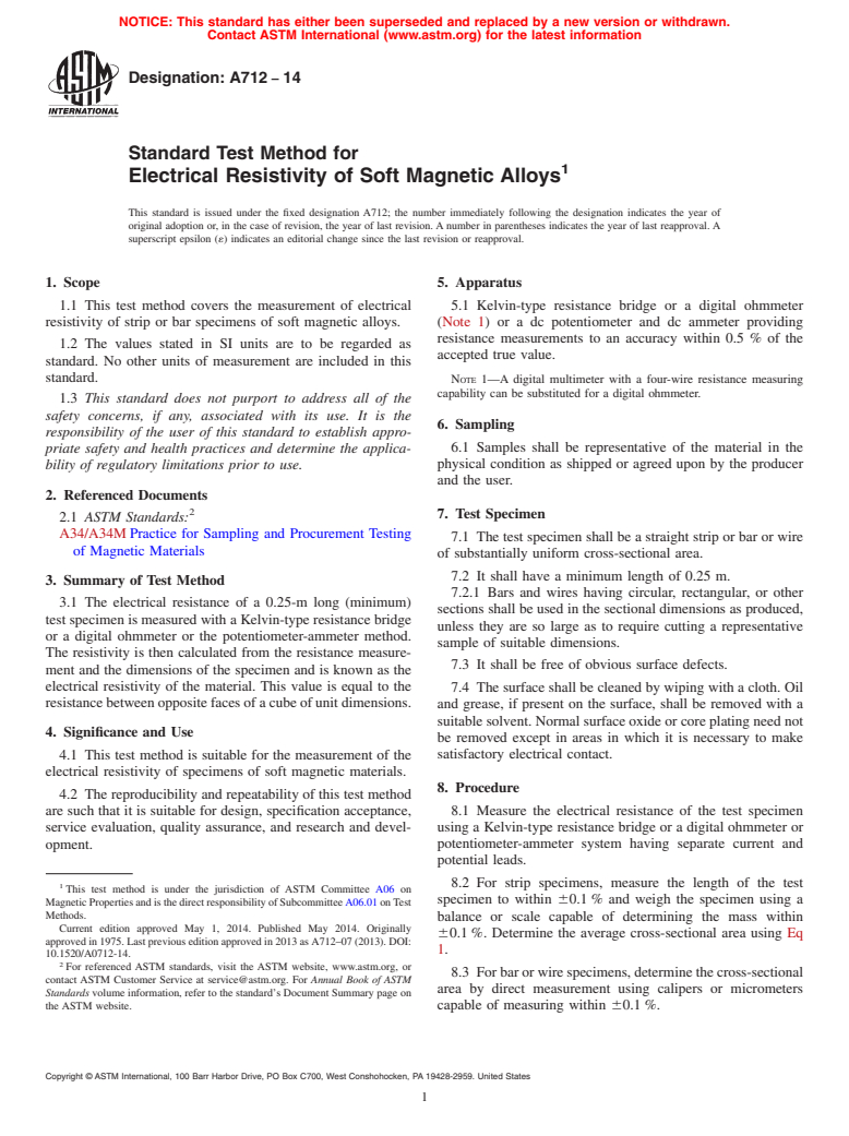 ASTM A712-14 - Standard Test Method for Electrical Resistivity of Soft Magnetic Alloys