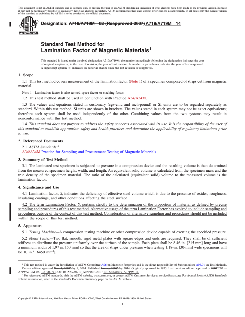 REDLINE ASTM A719/A719M-14 - Standard Test Method for  Lamination Factor of Magnetic Materials