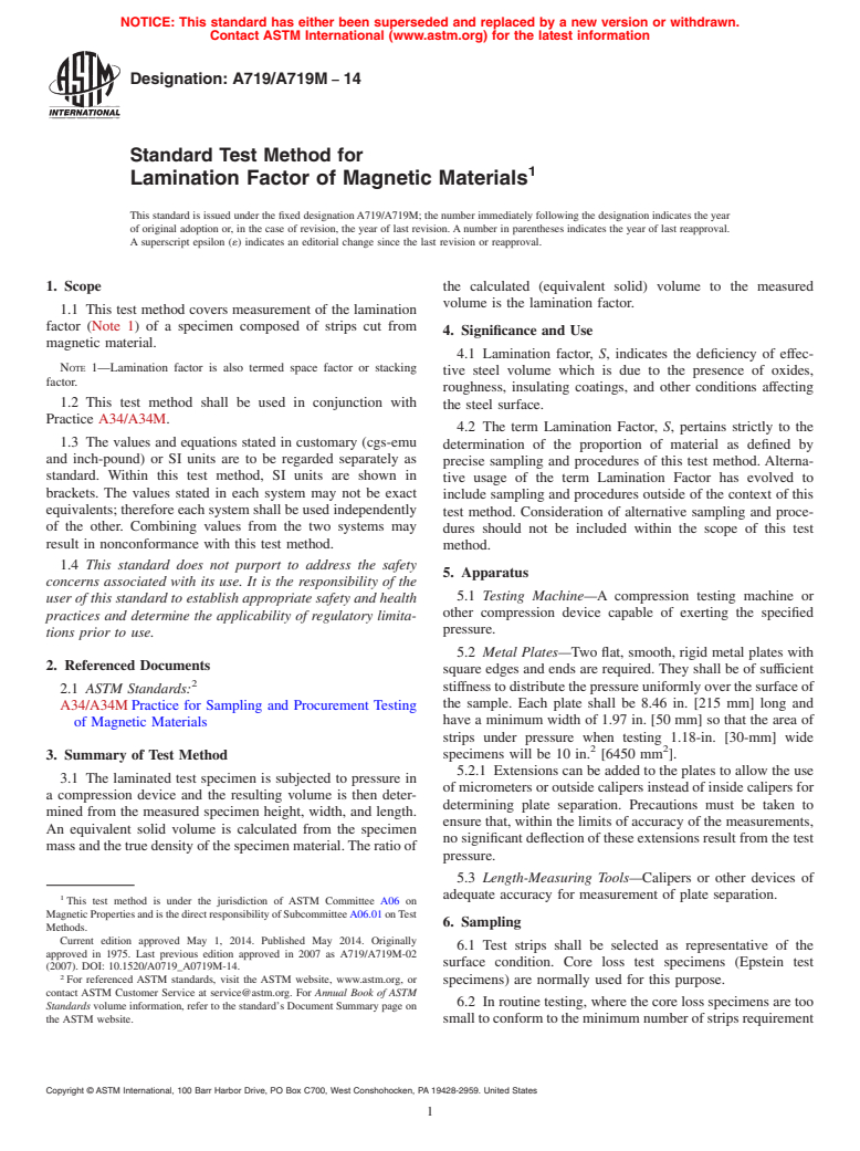 ASTM A719/A719M-14 - Standard Test Method for  Lamination Factor of Magnetic Materials