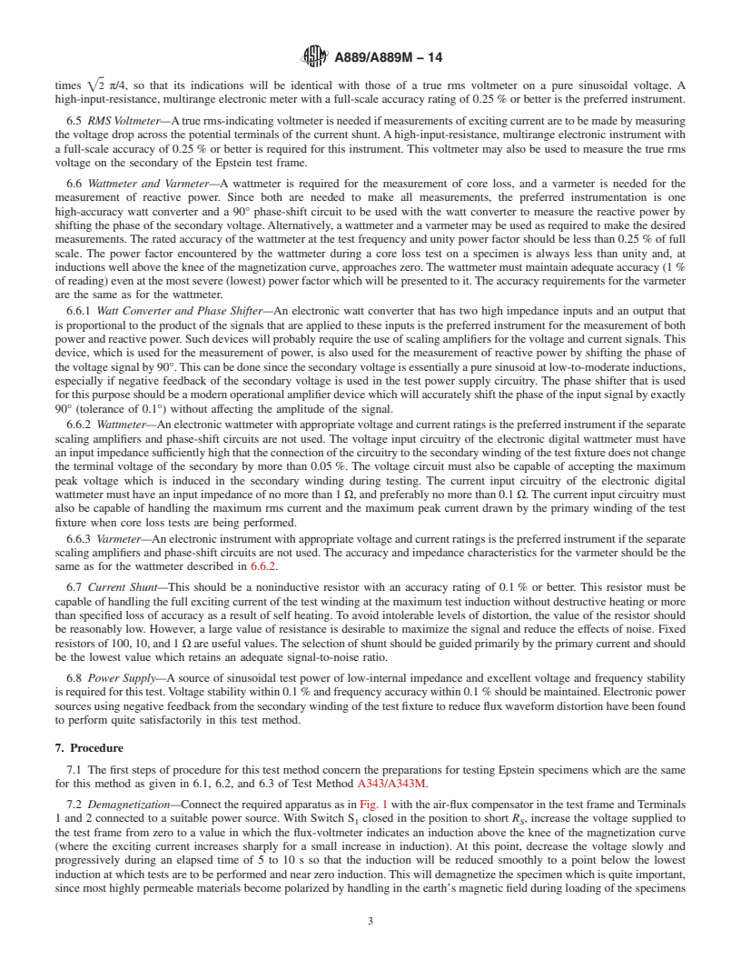 REDLINE ASTM A889/A889M-14 - Standard Test Method for  Alternating-Current Magnetic Properties of Materials at Low  Magnetic Flux Density Using the Voltmeter-Ammeter-Wattmeter-Varmeter  Method and 25-cm Epstein Frame