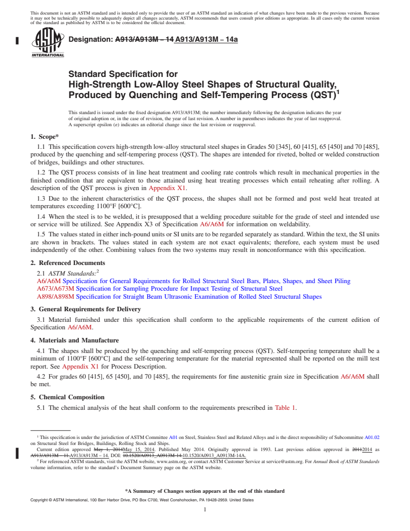 REDLINE ASTM A913/A913M-14a - Standard Specification for  High-Strength Low-Alloy Steel Shapes of Structural Quality,  Produced by Quenching and Self-Tempering Process &#40;QST&#41;