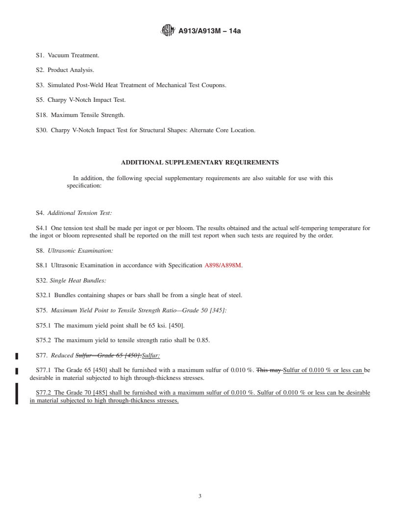 REDLINE ASTM A913/A913M-14a - Standard Specification for  High-Strength Low-Alloy Steel Shapes of Structural Quality,  Produced by Quenching and Self-Tempering Process &#40;QST&#41;